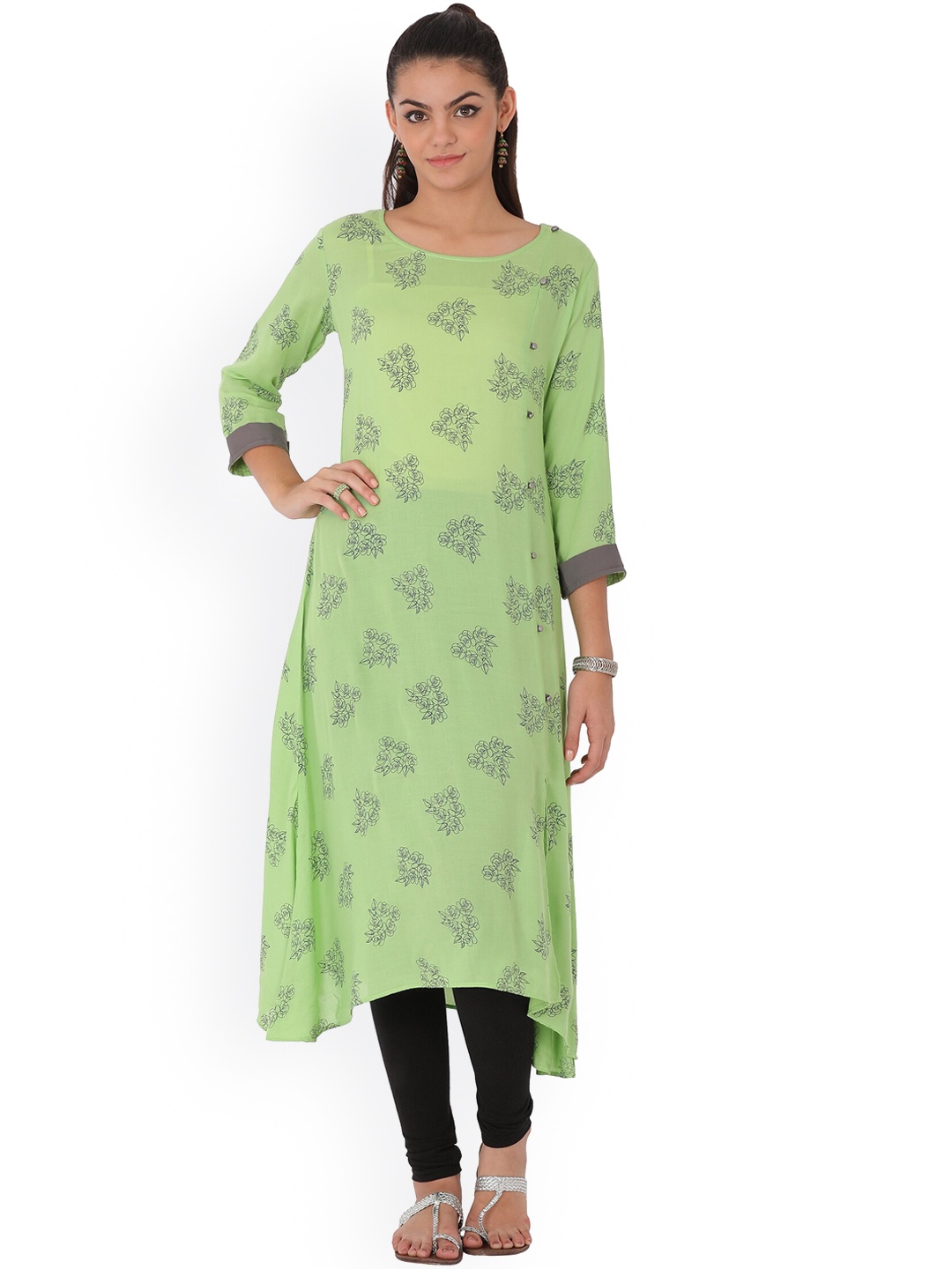 

Span Floral Printed Block Print A-Line Kurta, Green