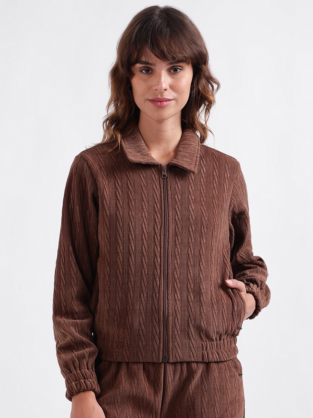 

ELLE Self Design Shirt Collar Front-Open Sweatshirt, Brown