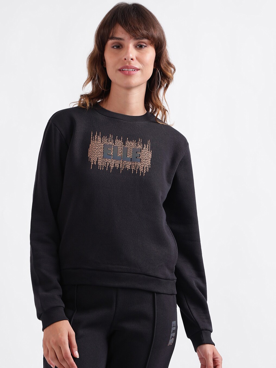 

ELLE Typography Printed Pure Cotton Pullover Sweatshirt, Black