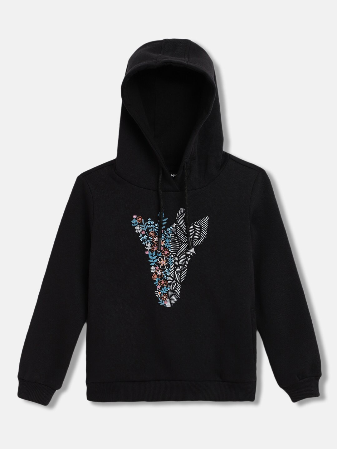 

Blue Giraffe Girls Graphic Printed Hooded Pullover Sweatshirt, Black