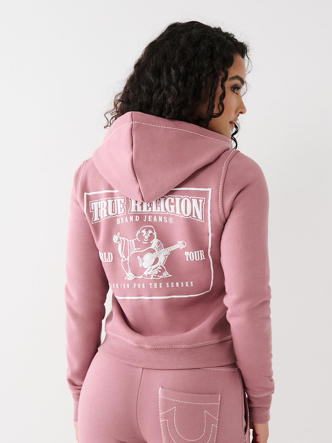 

True Religion Typography Printed Hooded Front Open Sweatshirt, Pink