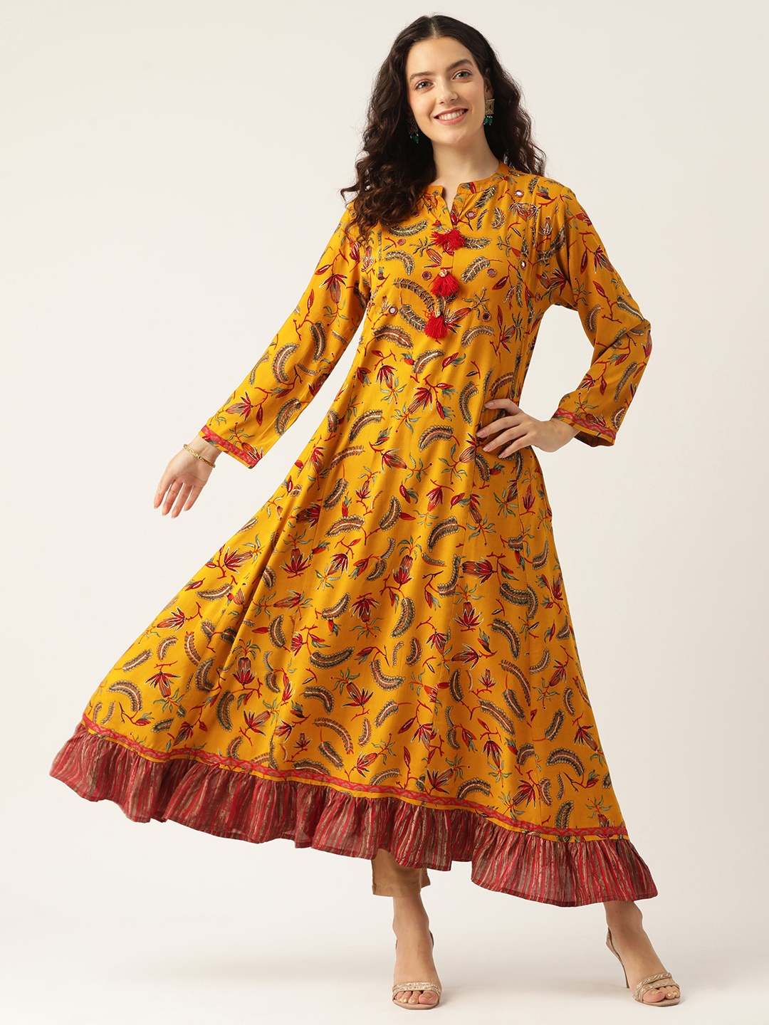

Rue Collection Women Floral Printed Mirror Work Anarkali Kurta, Mustard