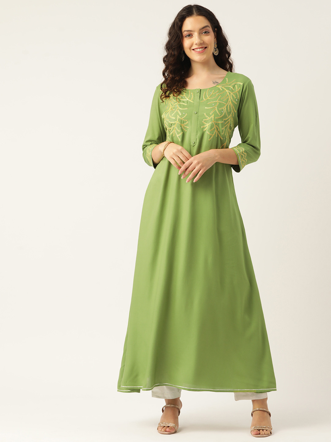 

Rue Collection Women Floral Yoke Design Sequinned Anarkali Kurta, Green