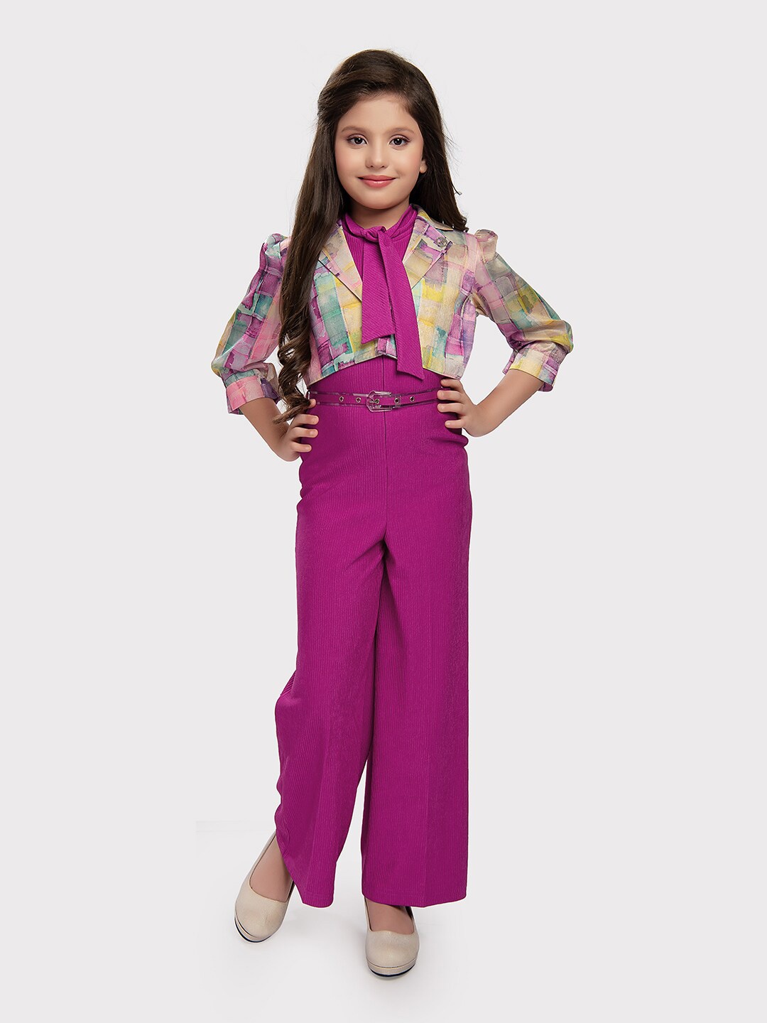 

Tiny Baby Girls Tie-Up Neck Basic Jumpsuit with Jacket & Belt, Pink