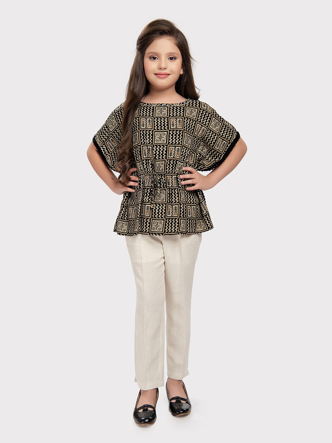 

Tiny Baby Girls Ethnic Motif Printed Top with Trousers, Black