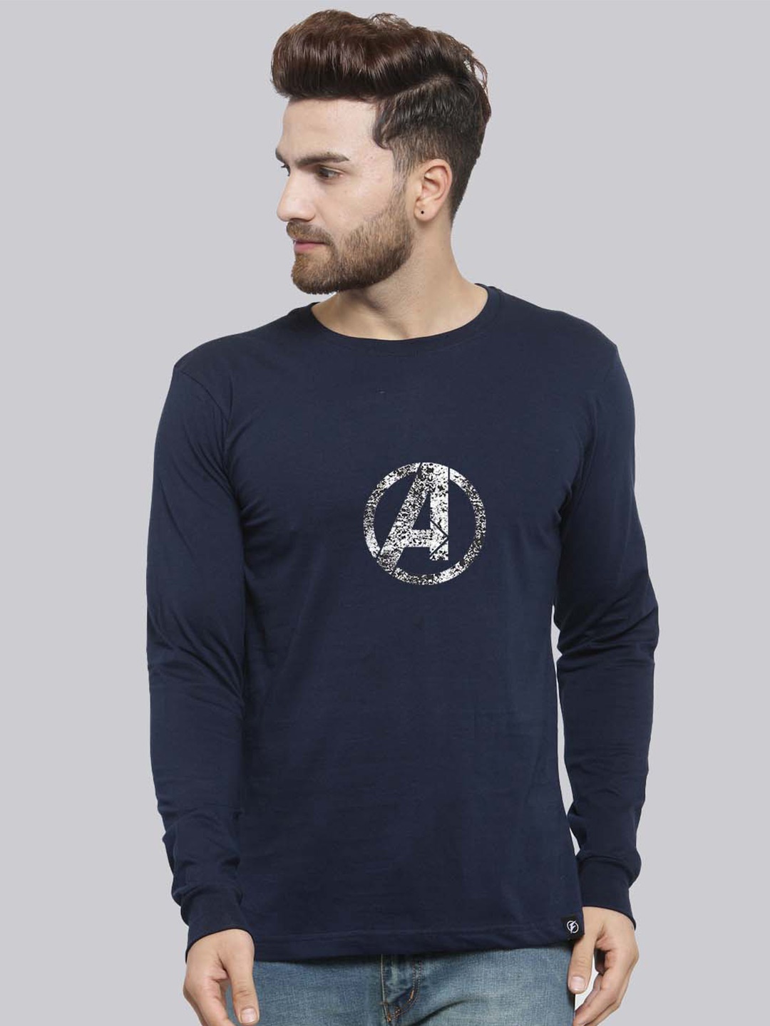 

Friskers Typography Printed Full Sleeves Regular Fit Pure Cotton T-shirt, Navy blue