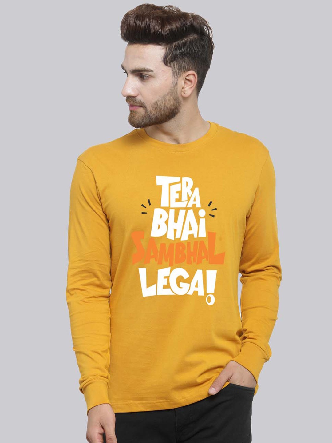 

Friskers Typography Printed Round Neck Long Sleeve Pure Cotton T-shirt, Mustard