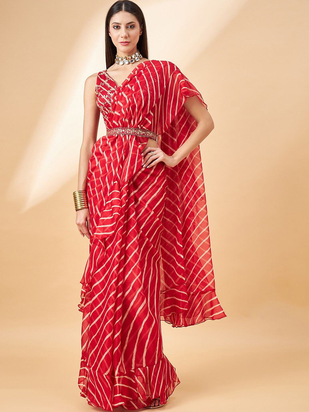 

all about you Leheriya Printed Pure Chiffon Saree, Red
