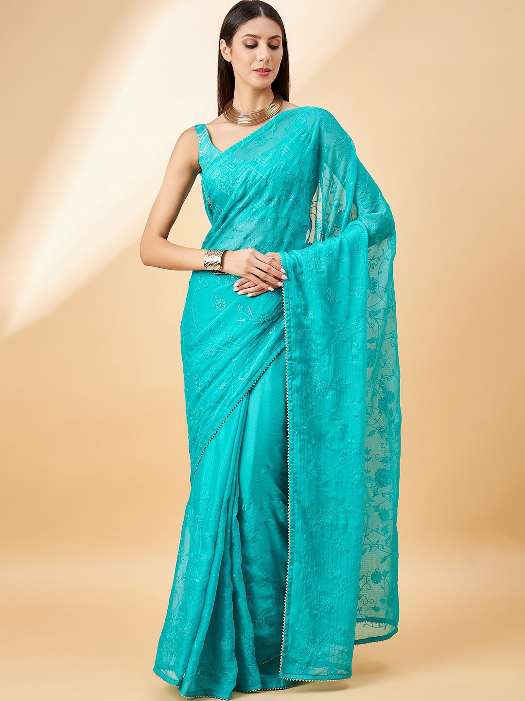 

all about you Floral Embroidered Sequinned Pure Chiffon Saree, Turquoise blue