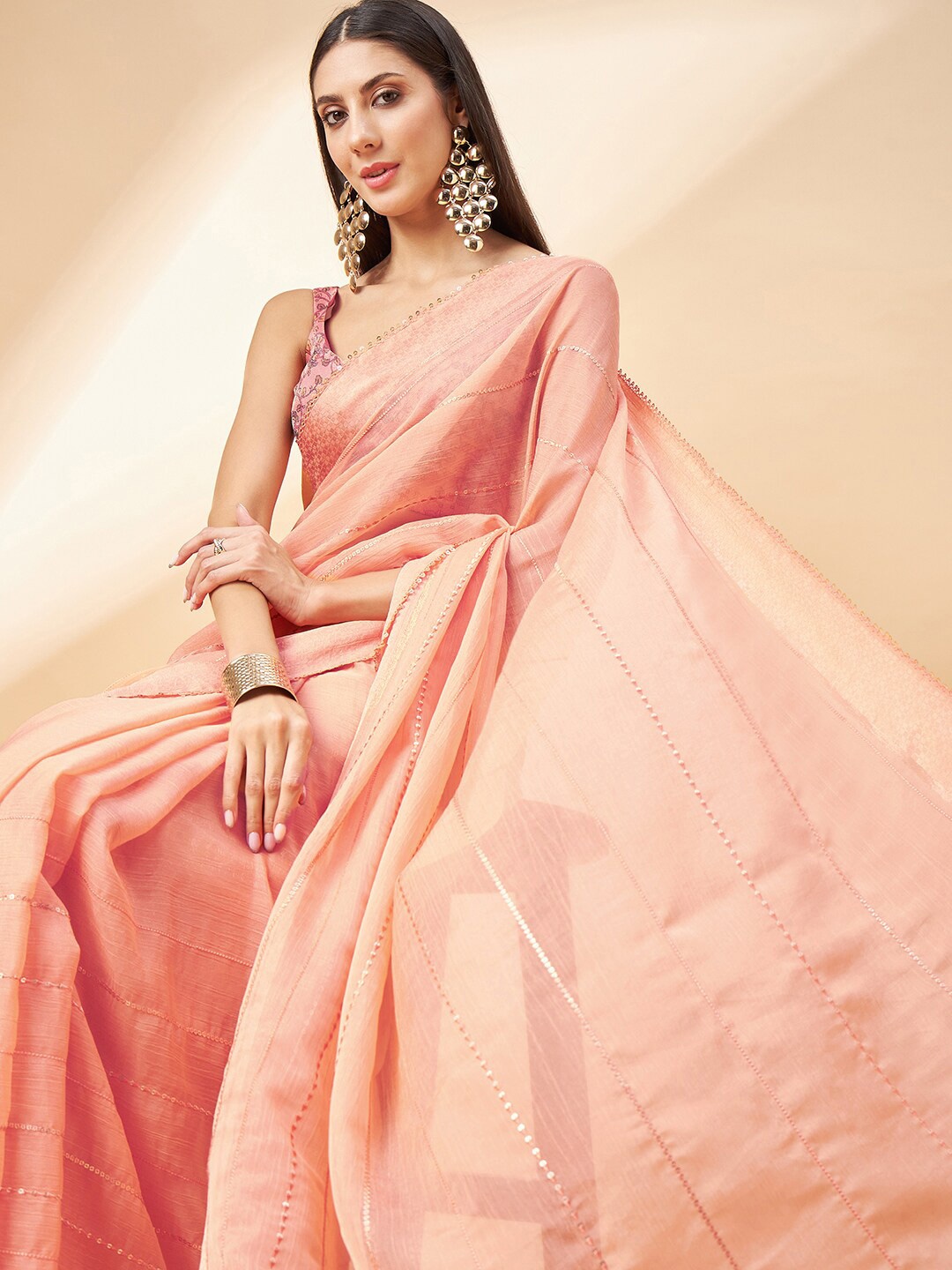 

all about you Striped Embroidered Sequinned Pure Chiffon Saree, Peach