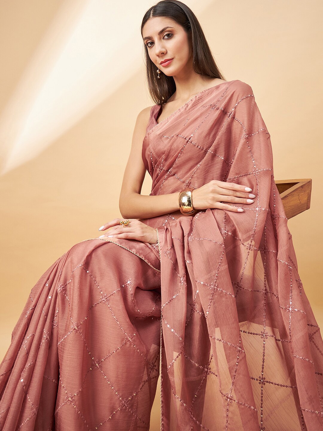 

all about you Geometric Embroidered Sequinned Pure Chiffon Saree, Peach