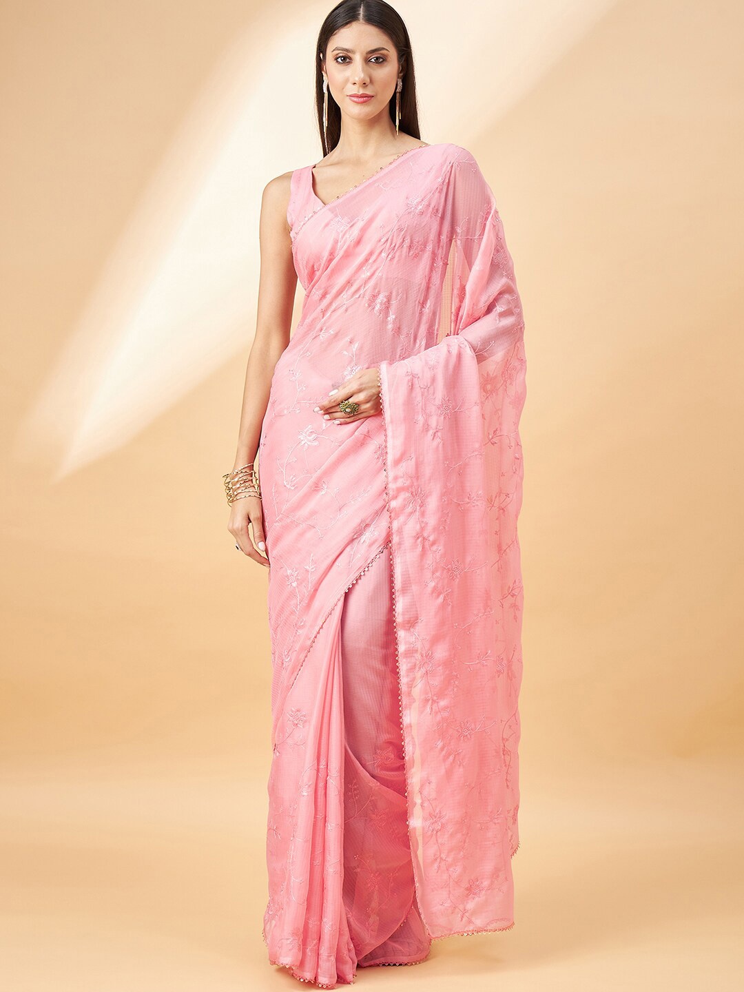

all about you Pink Floral Embroidered Sequinned Pure Chiffon Saree