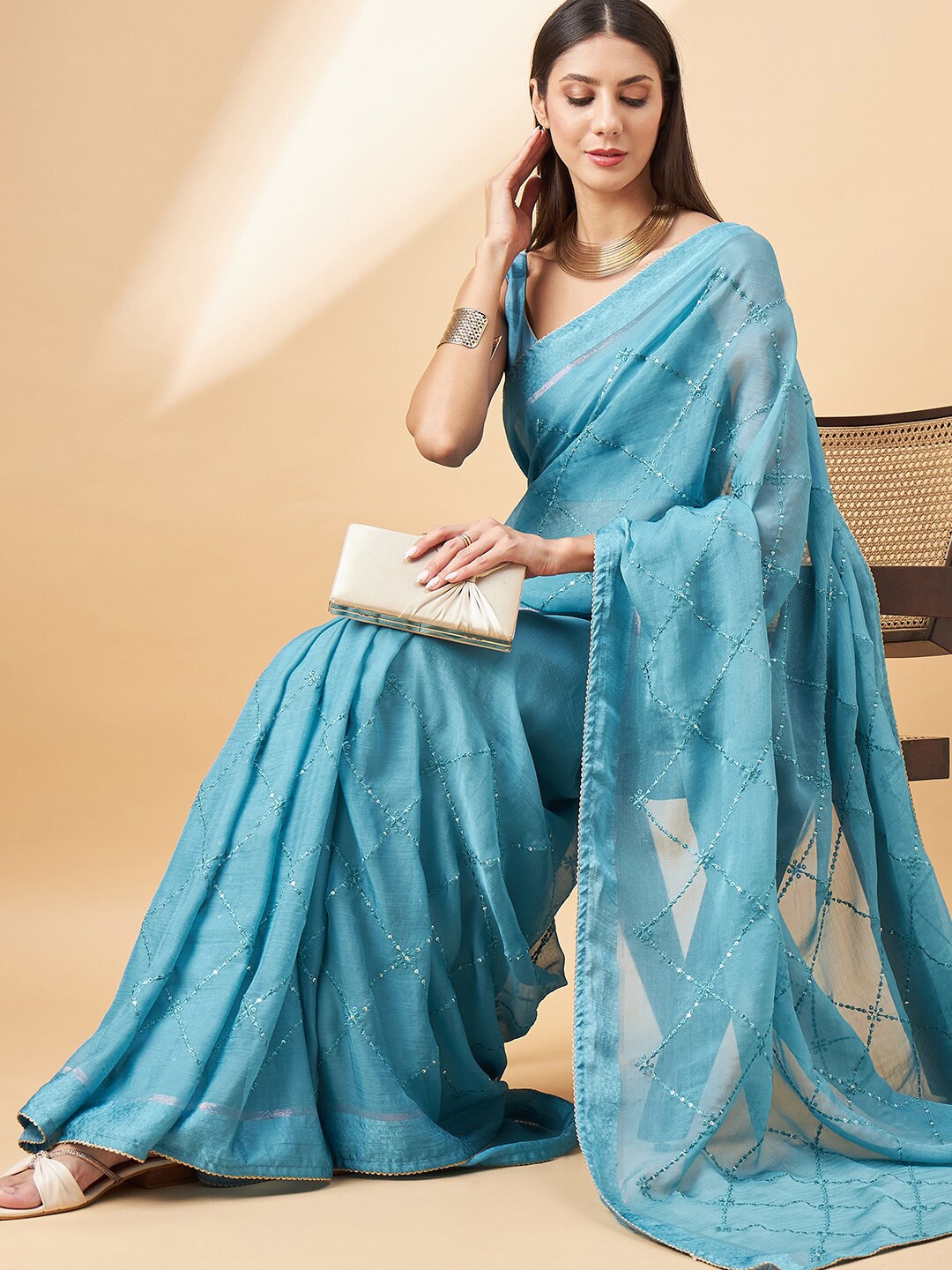 

all about you Blue Geometric Embroidered Pure Chiffon Saree