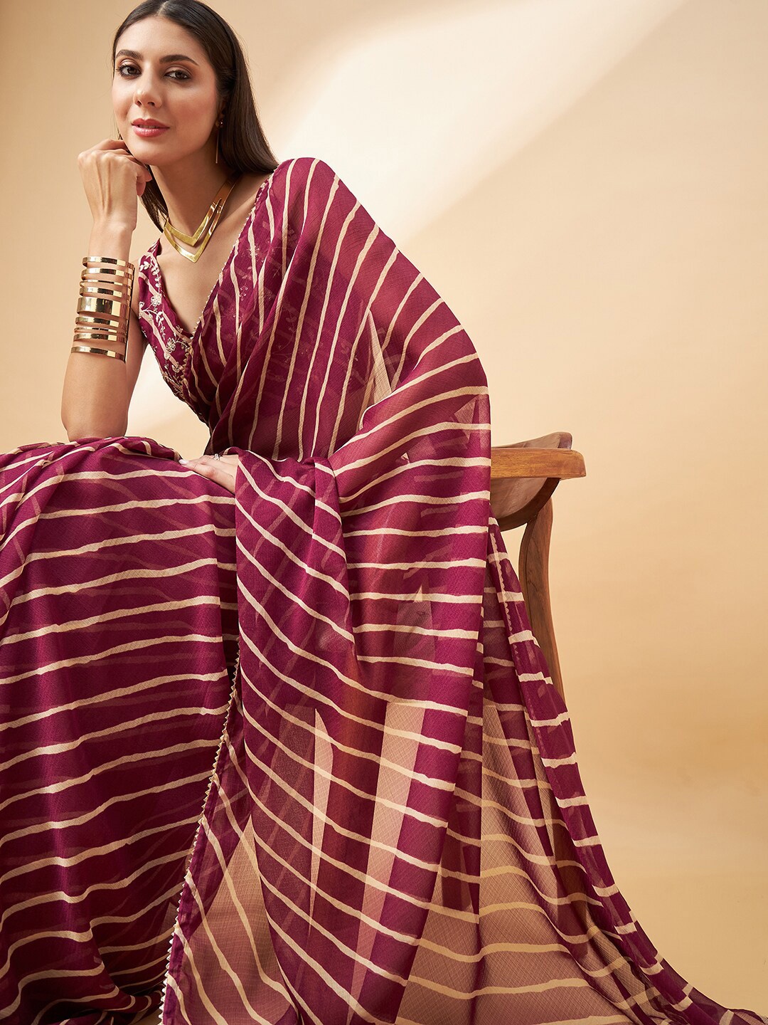 

all about you Burgundy & White Leheriya Printed Gotta Patti Pure Chiffon Leheriya Saree