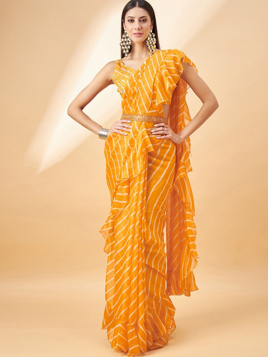 

all about you Yellow & White Leheriya Printed Ruffles Pure Chiffon Saree