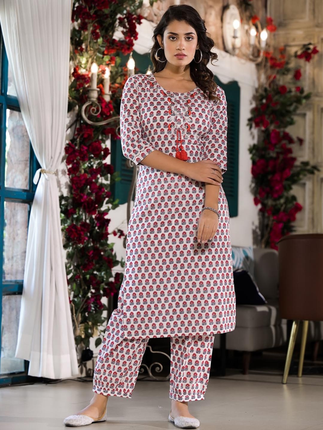

Divena Floral Printed Thread Work Pure Cotton Kurta with Trousers, White