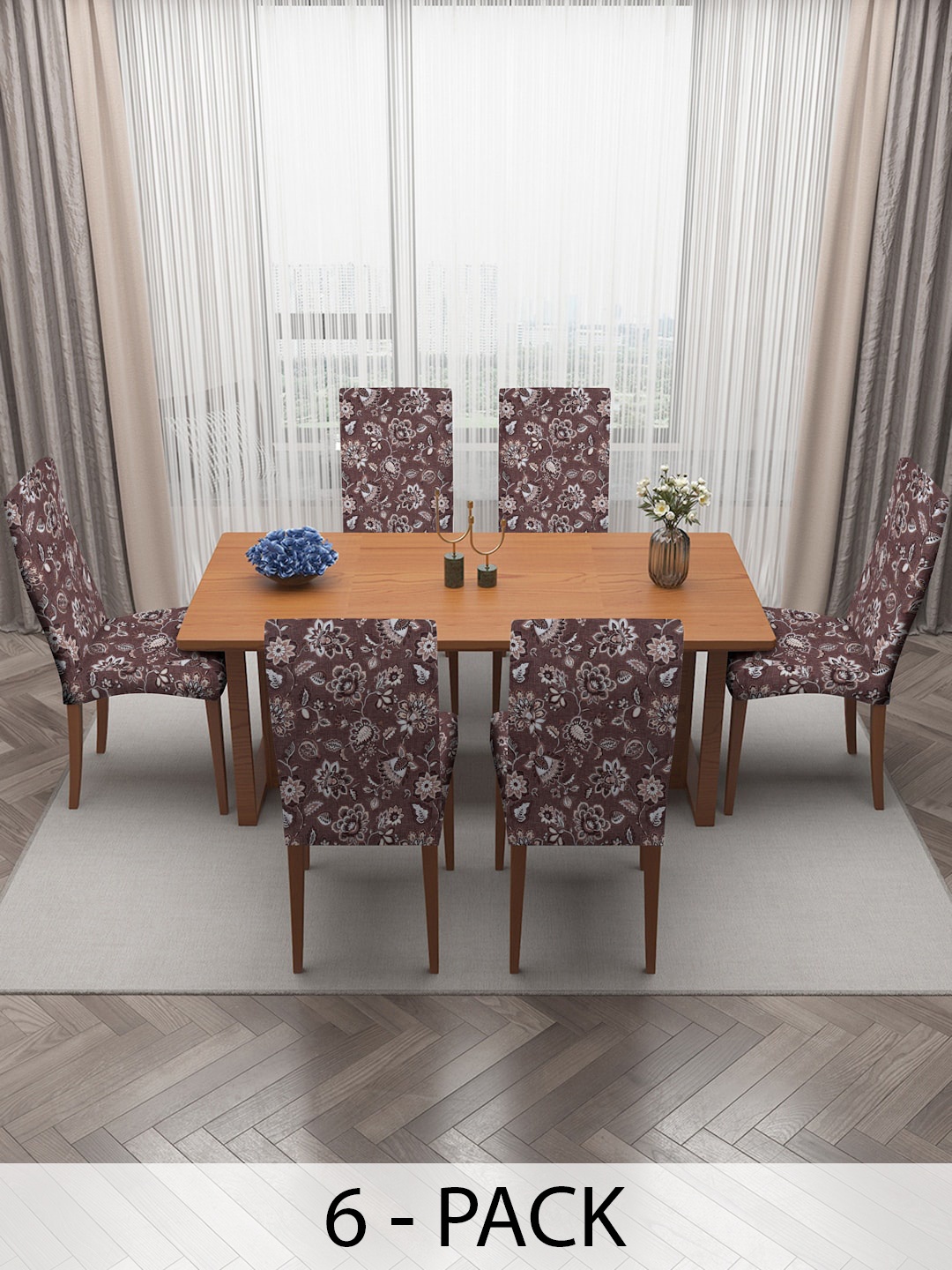 

MULTITEX Copper & White 6 Pieces Floral Printed Chair Covers, Brown