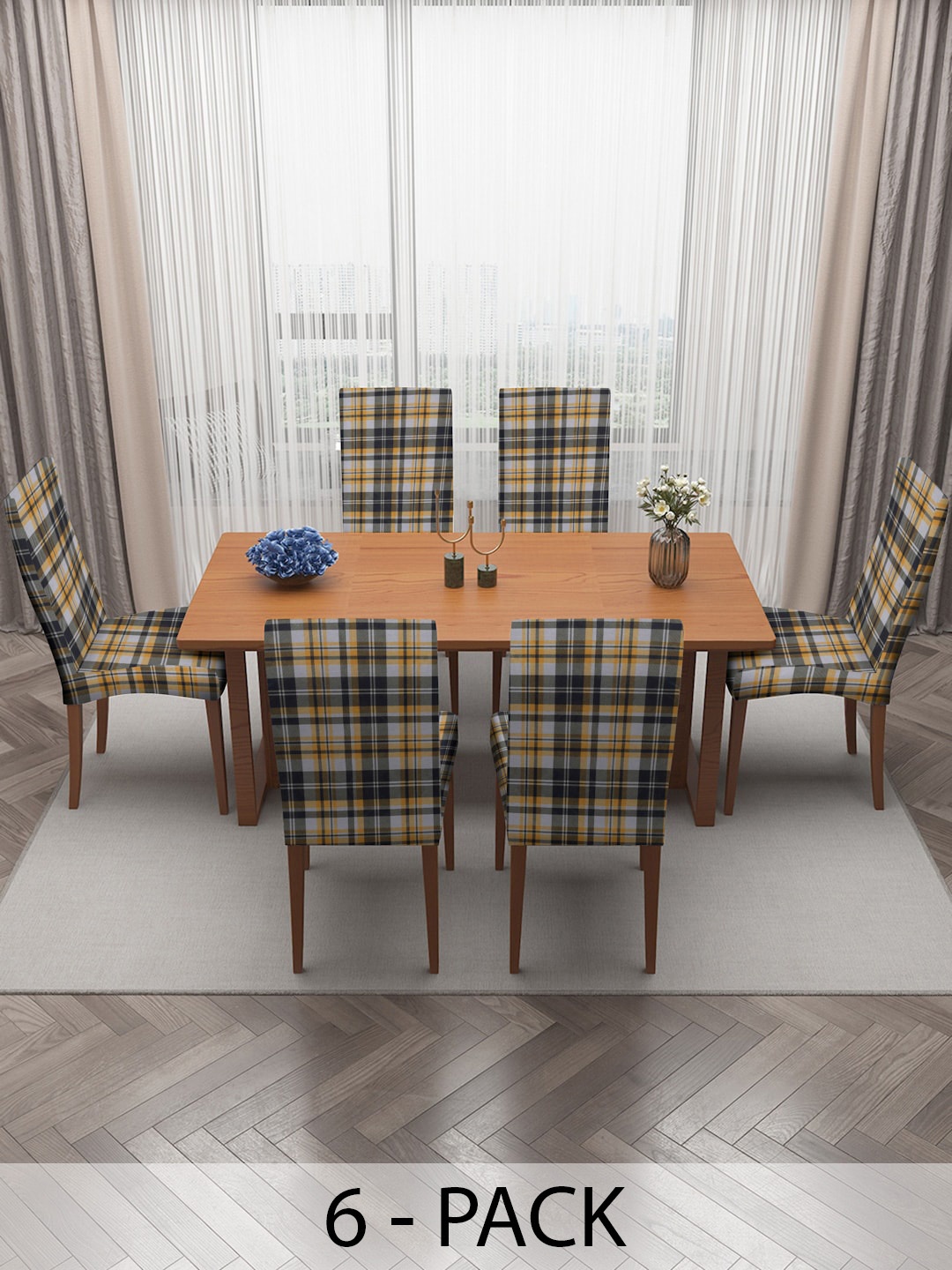 

MULTITEX Yellow & Grey 6 Pieces Checked Stretchable Dining Table Chair Covers