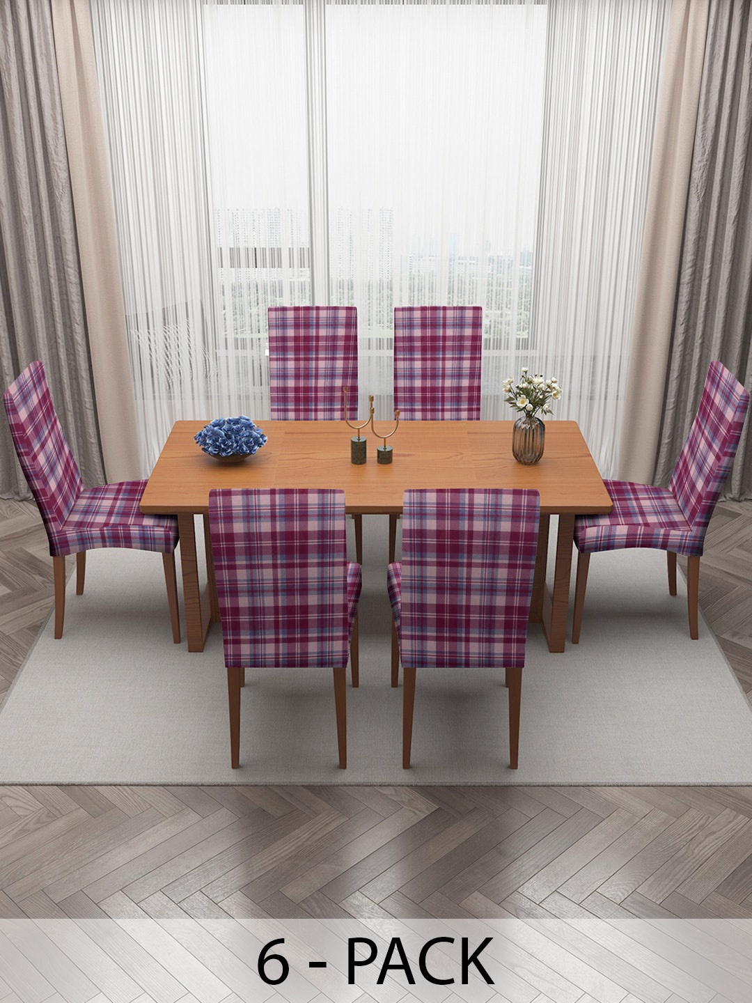 

MULTITEX Maroon & Beige 6 Pieces Checked Stretchable Dining Table Chair Covers