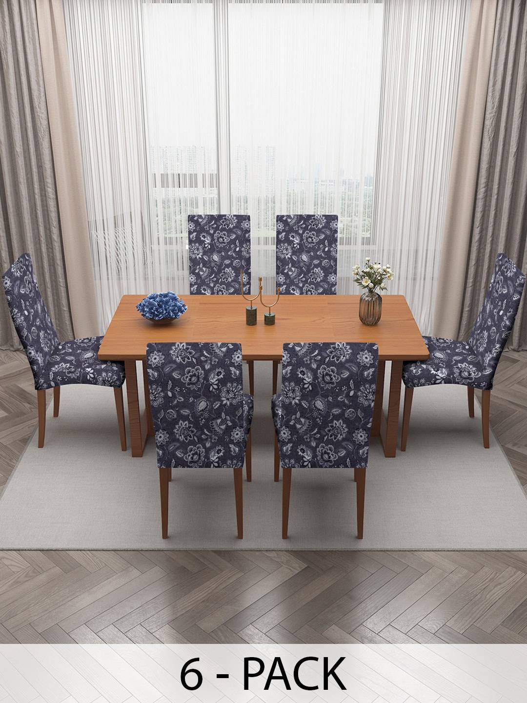 

MULTITEX Grey & White 6 Pieces Printed Stretchable Dining Table Chair Covers