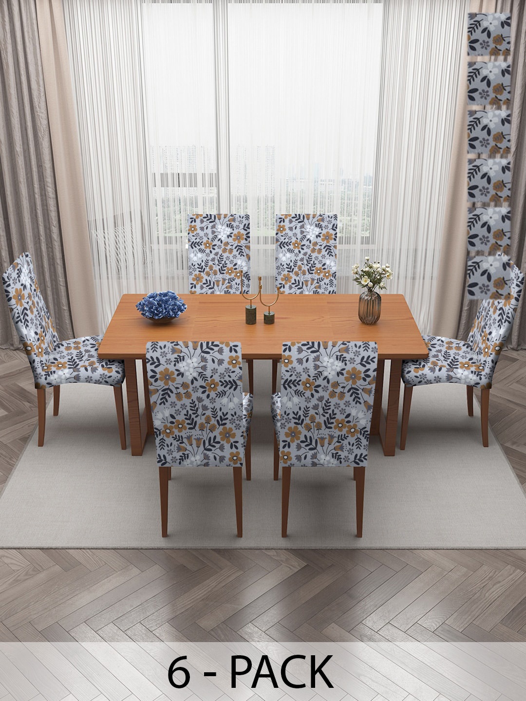 

MULTITEX Grey & Beige 6 Pieces Printed Stretchable Dining Table Chair Covers