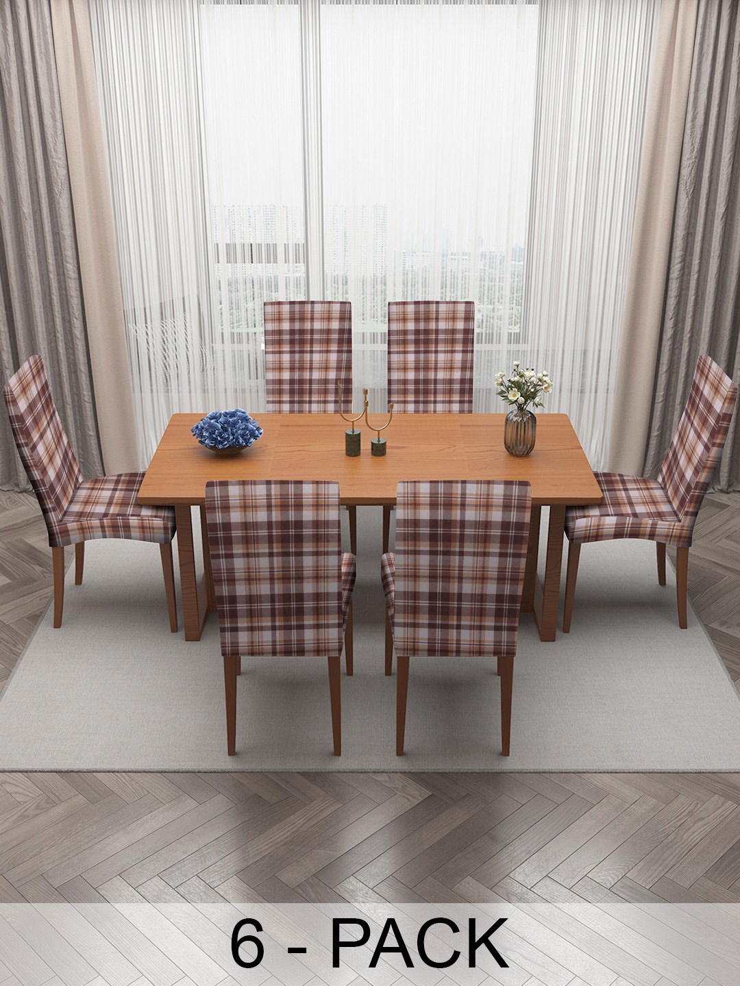 

MULTITEX 6 Pcs Brown & White Checked Stretchable Dining Table Chair Covers