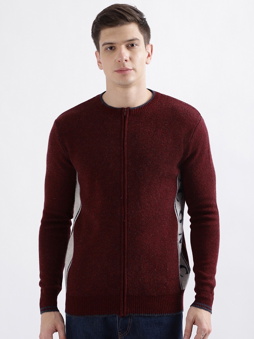 

Iconic Round Neck Woollen Cardigan Sweater, Maroon