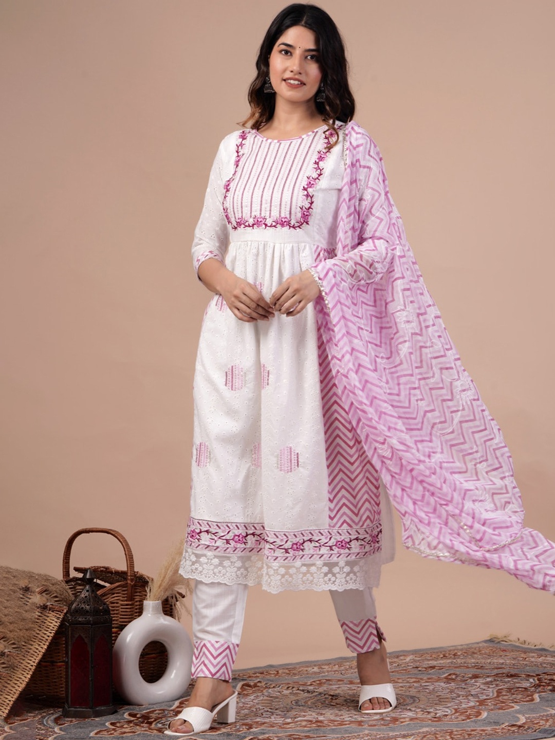

UNISETS Ethnic Motifs Printed Empire Mirror Work Kurta With Trousers & Dupatta, Rose