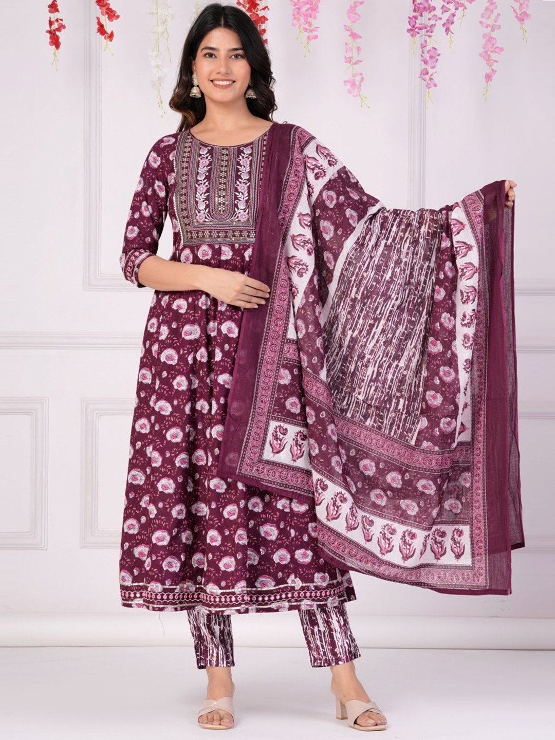

UNISETS Floral Printed Thread Work Kurta with Trousers & Dupatta, Rose