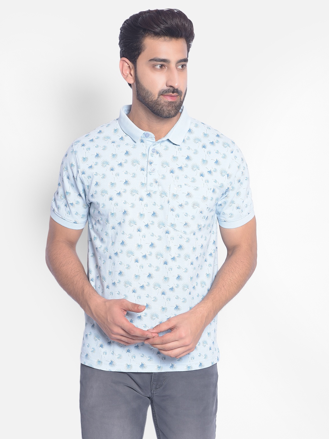 

Crimsoune Club Floral Printed Polo Collar T-shirt, Blue