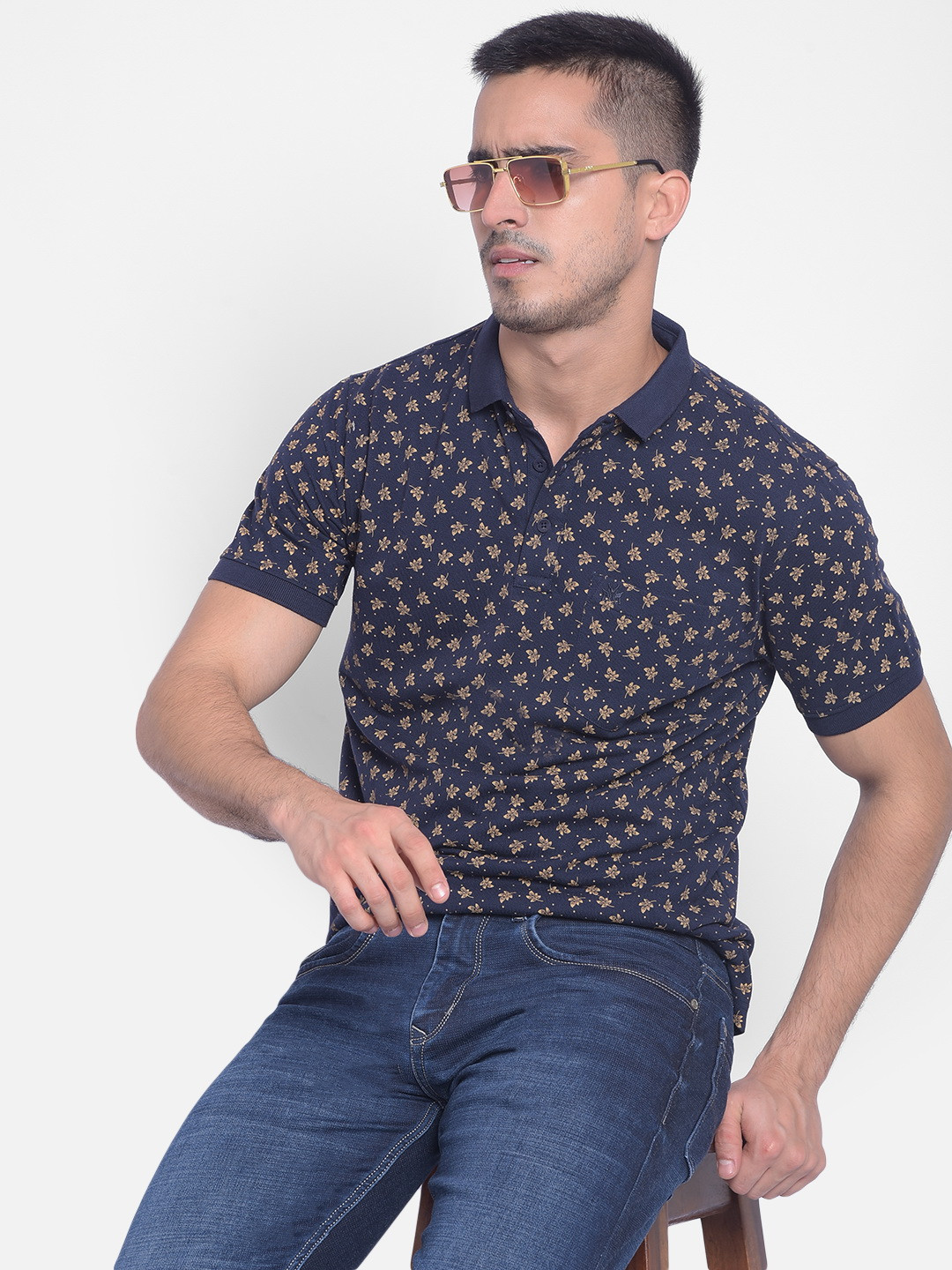 

Crimsoune Club Floral Printed Polo Collar T-shirt, Navy blue