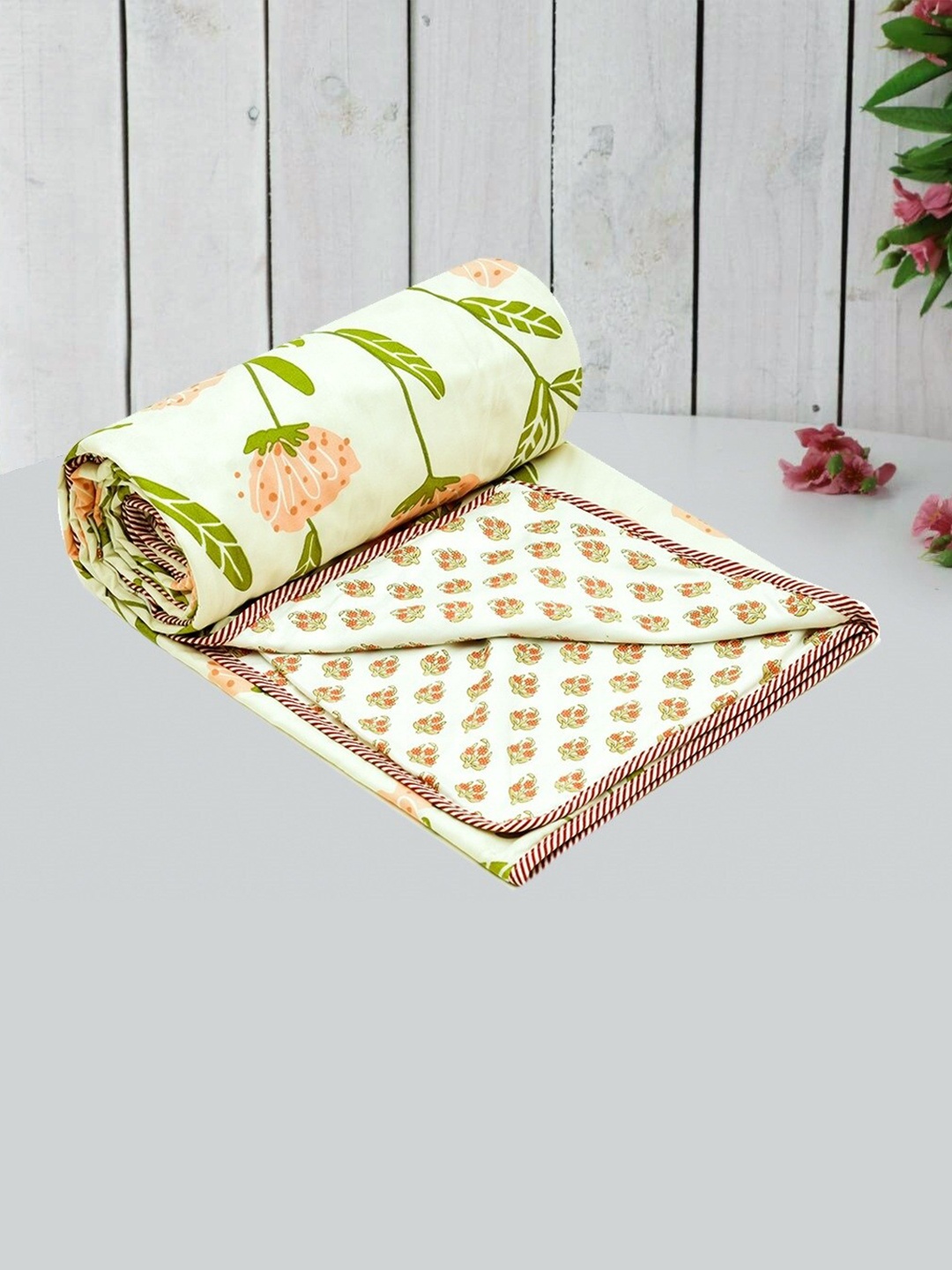 

RRC Green & White Floral AC Room 120 GSM Single Bed Dohar