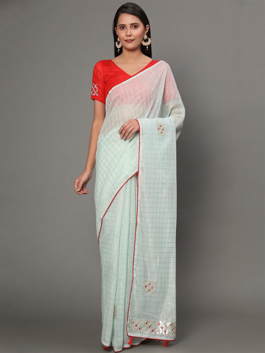 

GoStyle Checked Mirror Work Chanderi Saree, Turquoise blue