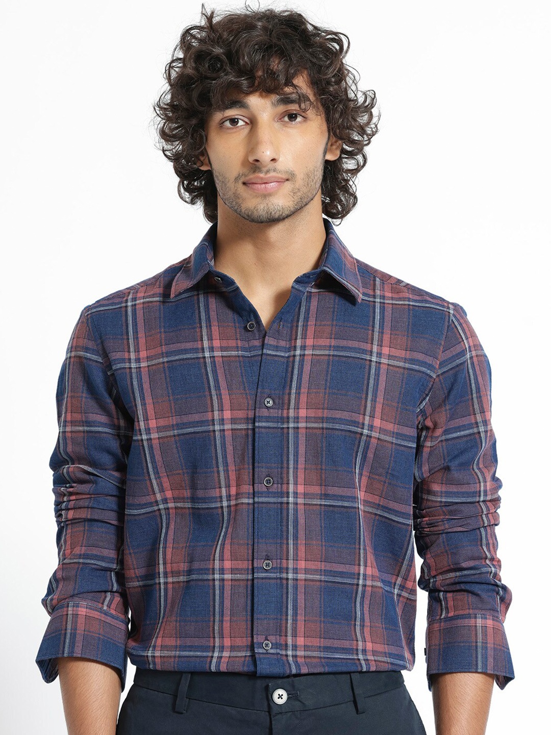 

RARE RABBIT Men Astl Slim Fit Checked Cotton Shirt, Navy blue
