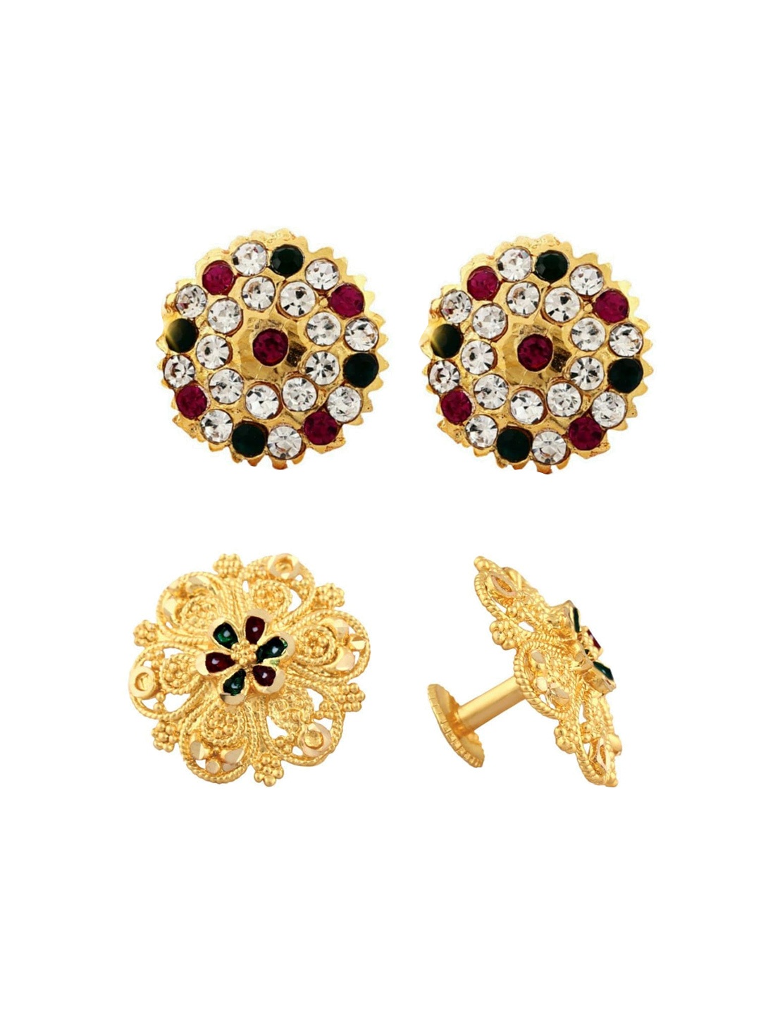 

Vighnaharta Set Of 2 Gold-Plated Stone-Studded Brass Floral Studs Earrings