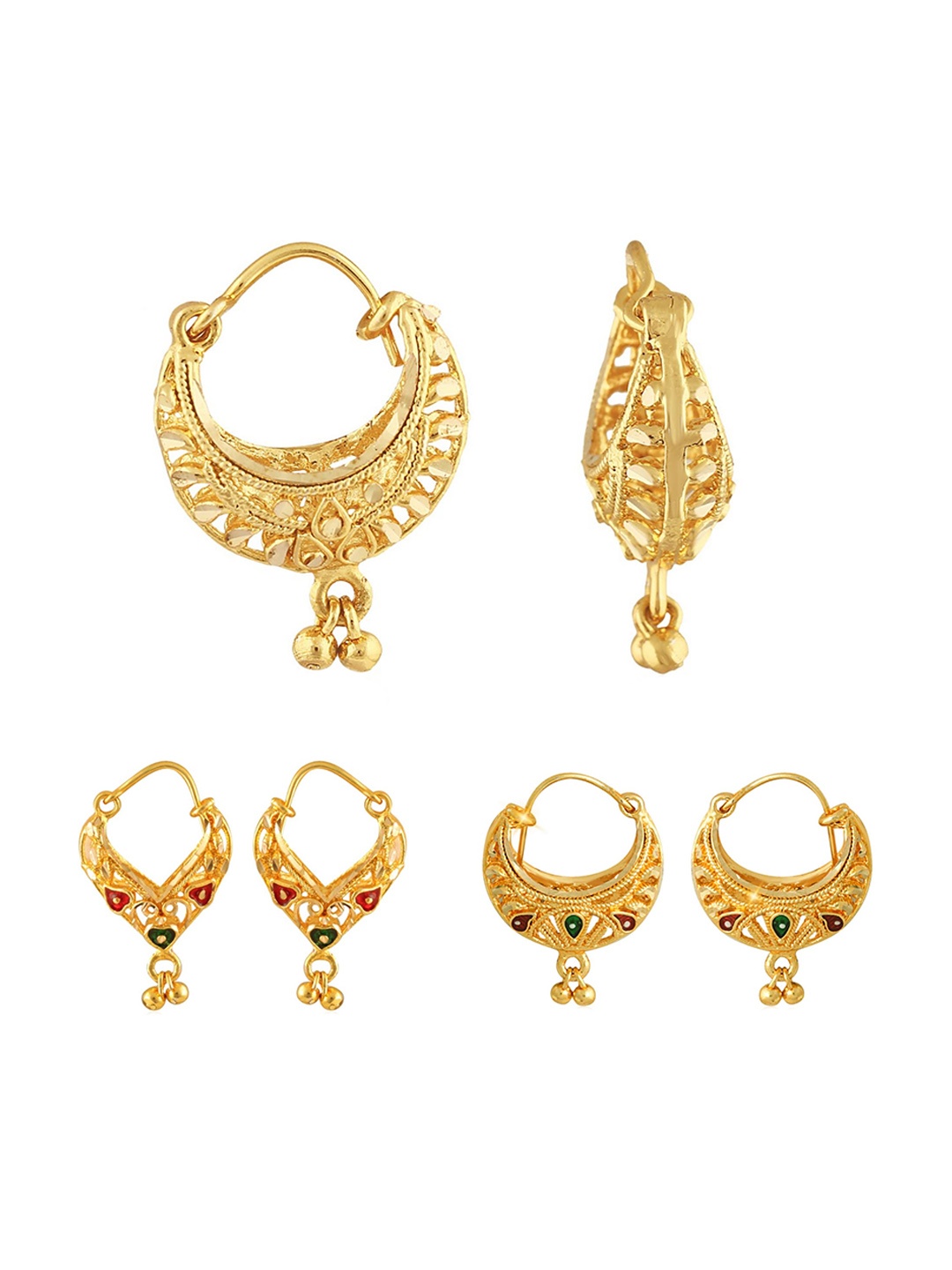 

Vighnaharta Set Of 3 Gold-Plated Floral Hoop Earrings