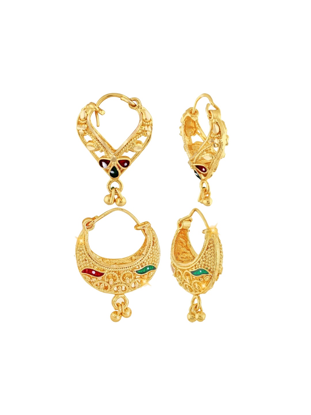 

Vighnaharta Set Of 2 Gold-Plated Floral Artificial Stones and Beads Hoop Earrings