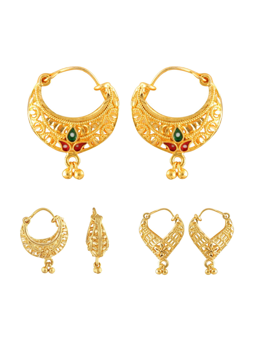 

Vighnaharta Set Of 3 Gold-Plated Floral Hoop Earrings