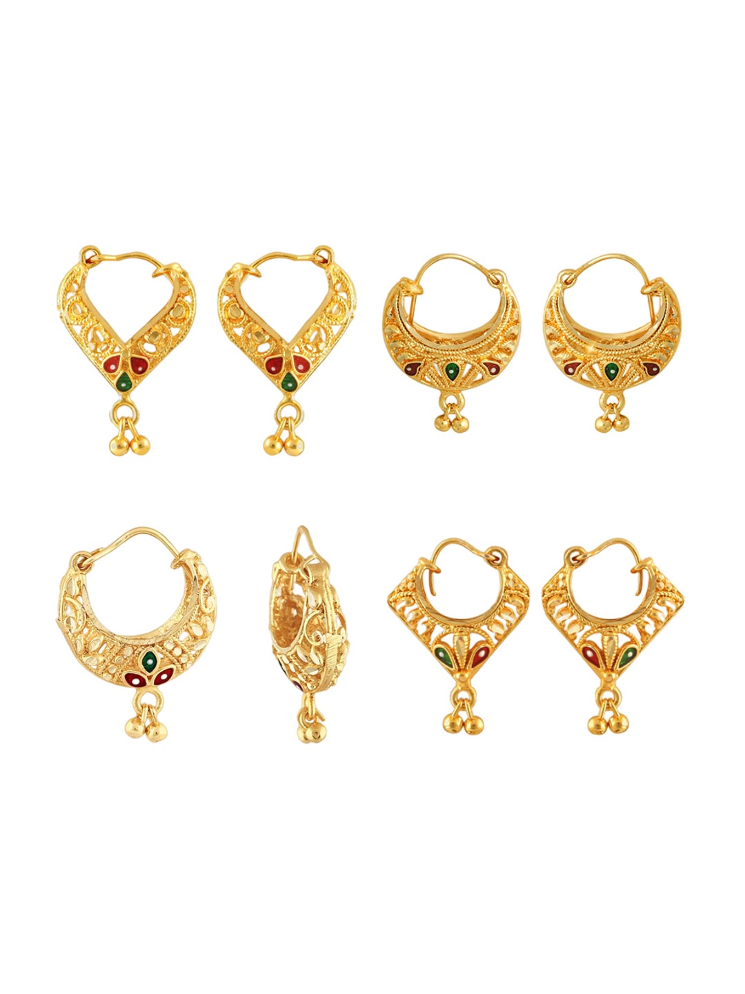 Vighnaharta Set Of 4 Gold-Plated Floral Hoop Earrings