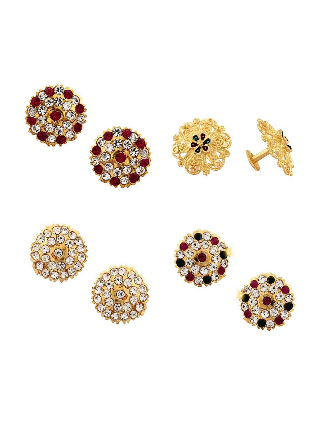 

Vighnaharta Set Of 4 Gold-Plated Stone-Studded Brass Floral Studs Earrings