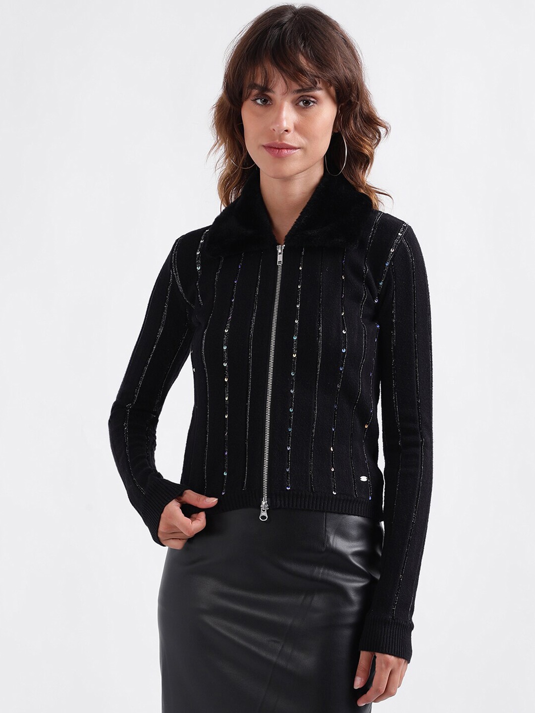 

ELLE Striped Embellished Cardigan, Black