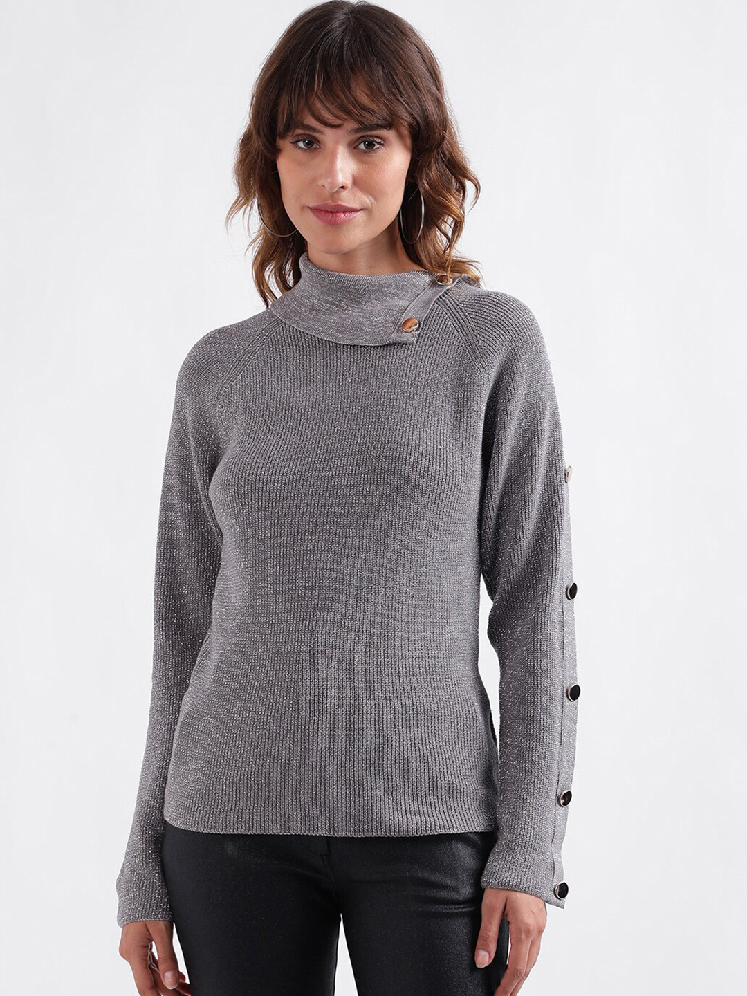 

CENTRESTAGE High Neck Ribbed Pure Cotton Pullover, Grey