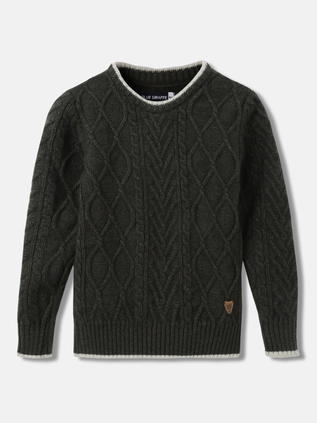 

Blue Giraffe Boys Cable Knit Self Design Woollen Pullover Sweater, Olive