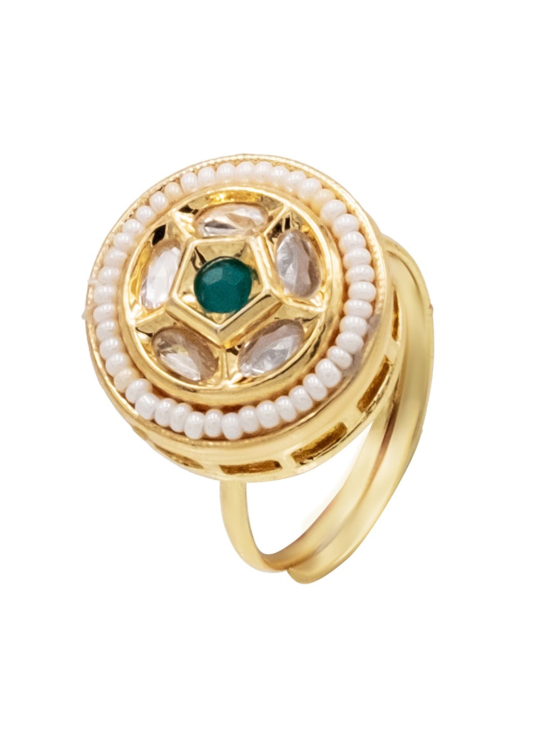 

Shining Jewel - By Shivansh Gold Plated Cubic Zirconia & Pearl Studded Finger Ring