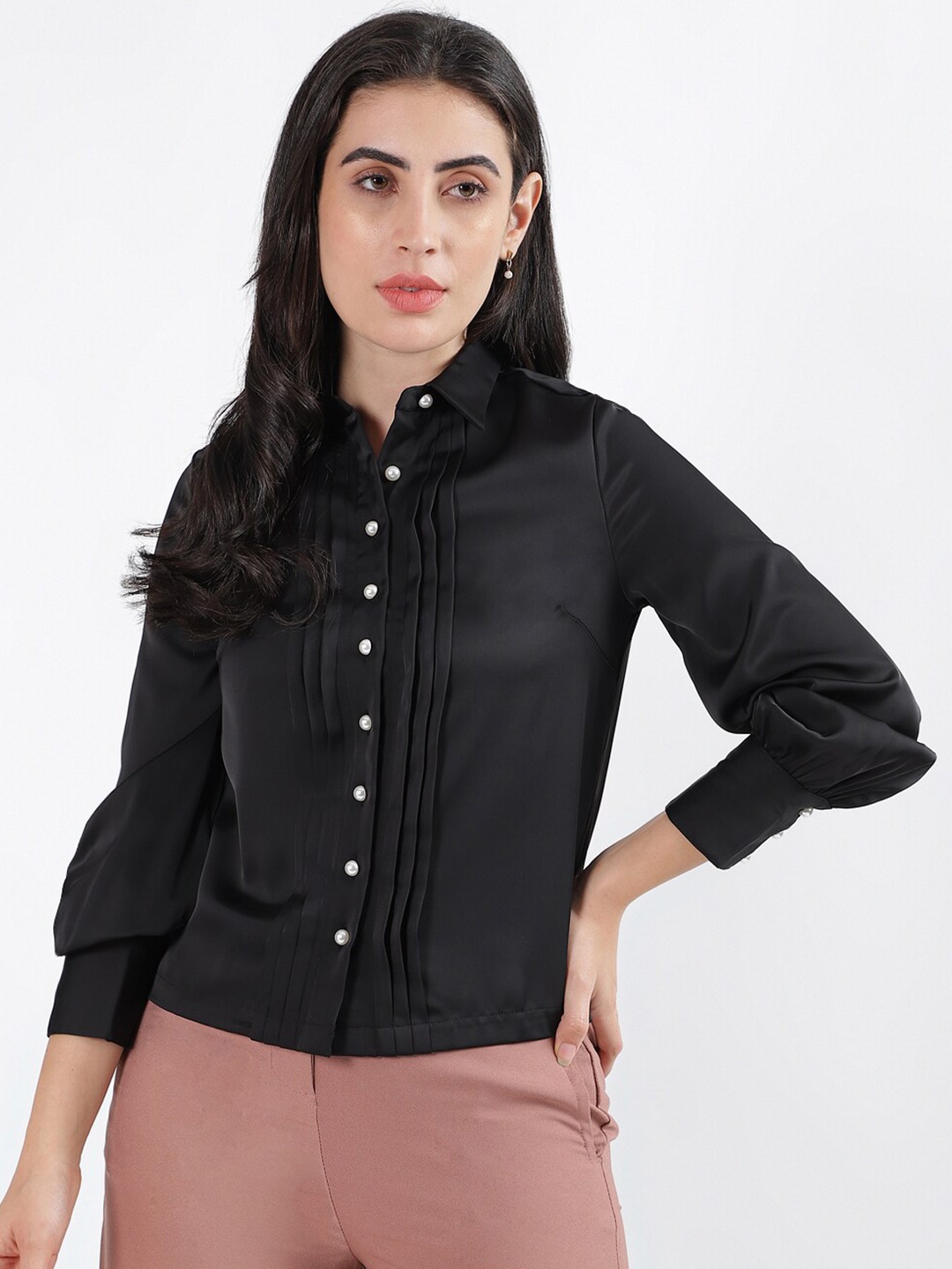 

CENTRESTAGE Spread Collar Long Sleeves Pleated Casual Shirt, Black