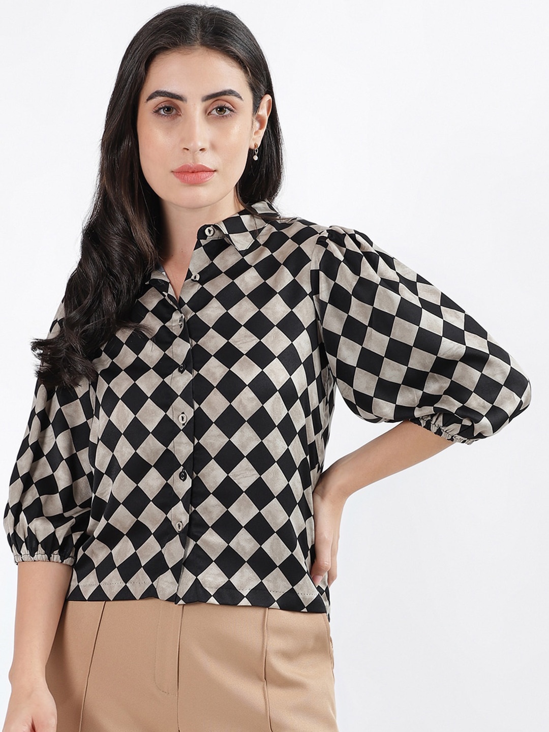 

CENTRESTAGE Checked Shirt Collar Puff Sleeves Shirt Style Top, Black