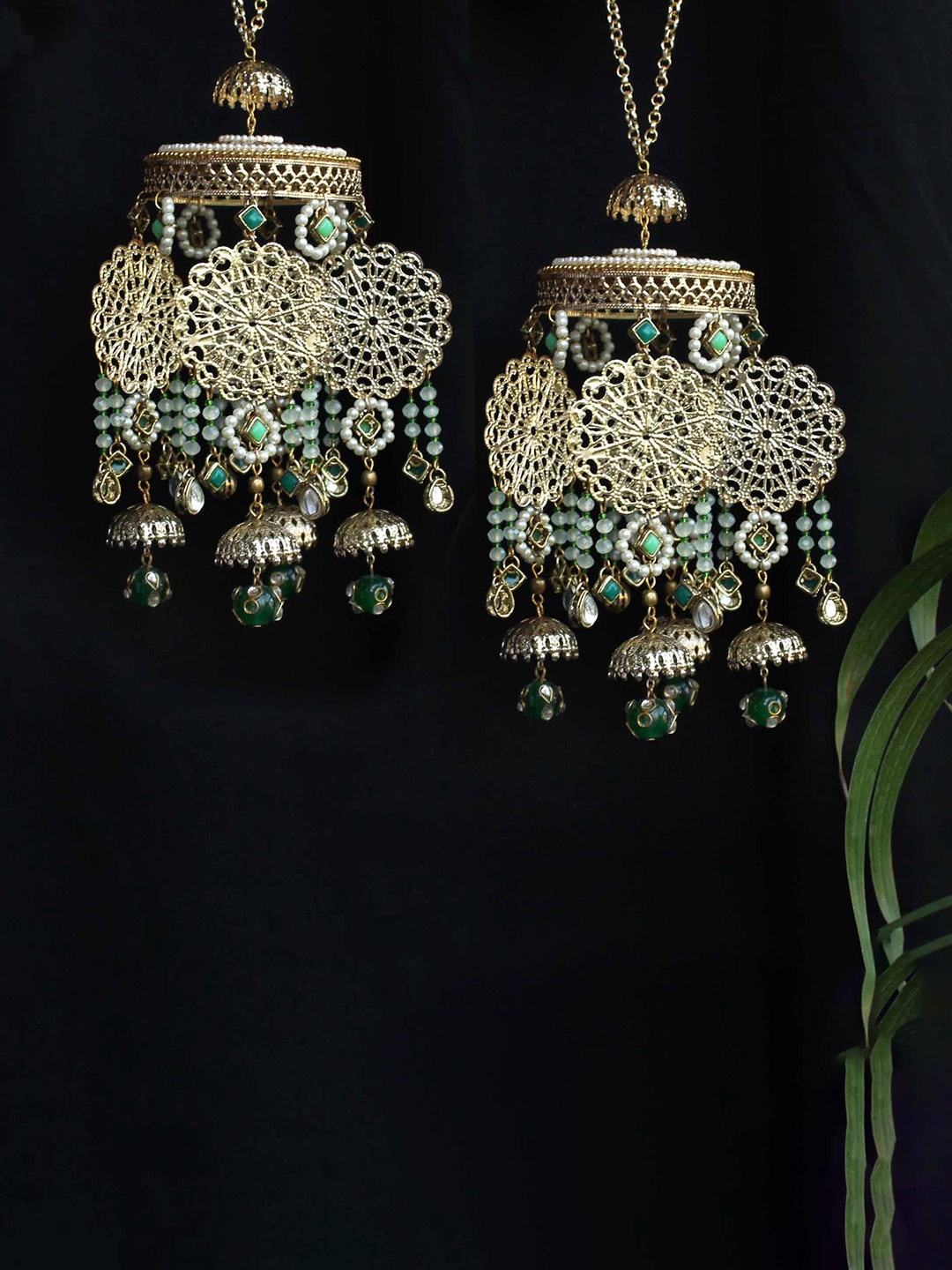 

BeAbhika Set Of 2 Gold Plated Stones Studded & Beaded Bridal Layered Kaleeras