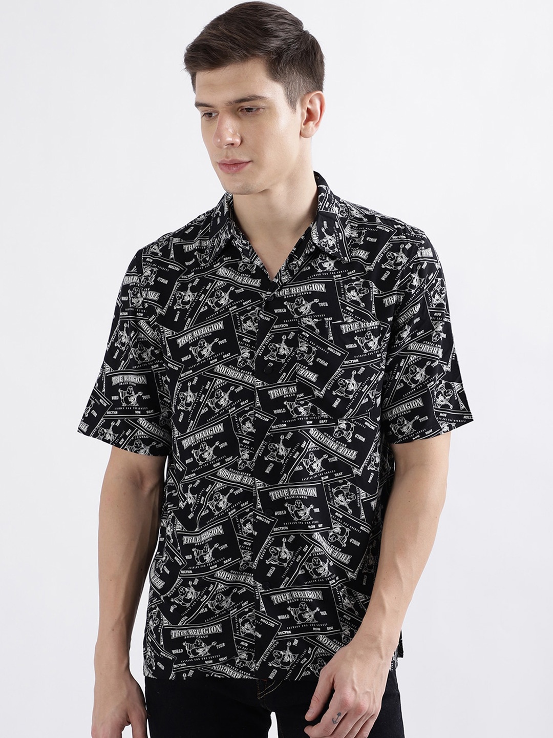 

True Religion Typography Printed Spread Collar Short Sleeves Casual Pure Cotton Shirt, Black