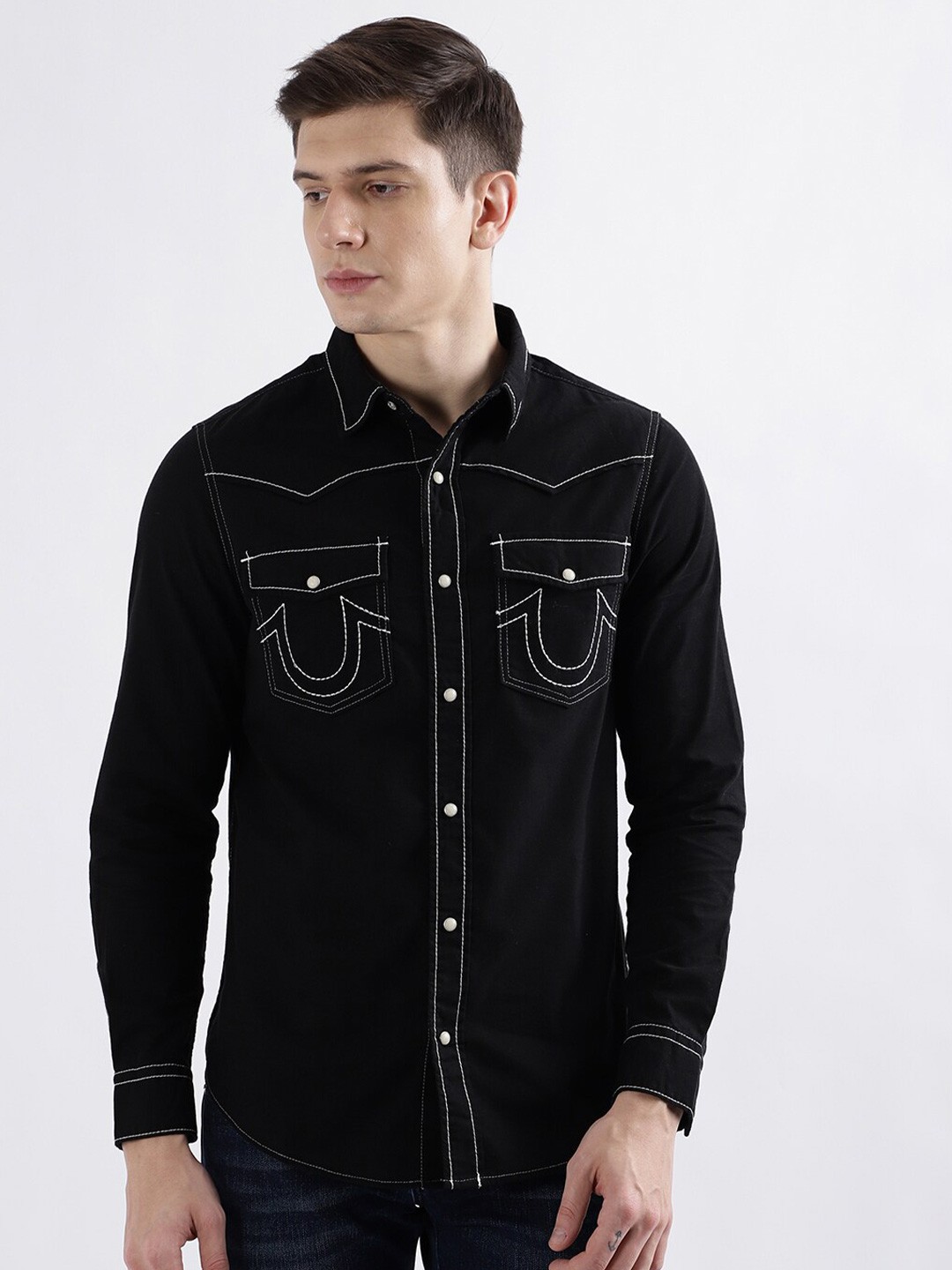 

True Religion Spread Collar Casual Pure Cotton Shirt, Black