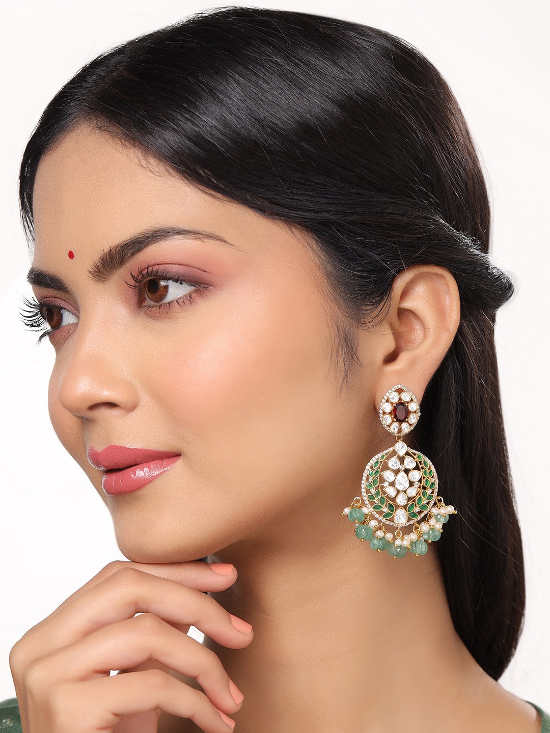 

Kicky And Perky Gold-Plated Stone-Studded & Beaded 925 Sterling Silver Chandbali Earring